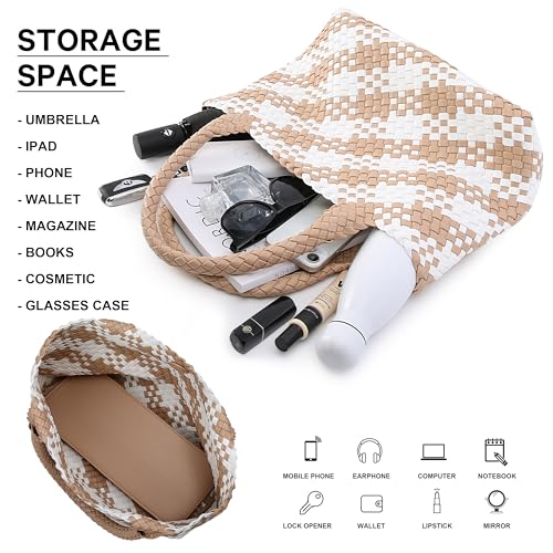 Queenoris Woven Bag for Women, Fashion Top Handle Shoulder Bag Vegan Leather Shopper Bag Large Travel Tote Bag (Apricot+White) - Image 4