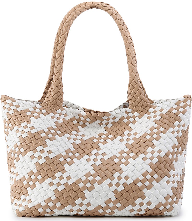 Queenoris Woven Bag for Women, Fashion Top Handle Shoulder Bag Vegan Leather Shopper Bag Large Travel Tote Bag (Apricot+White) - Image 1