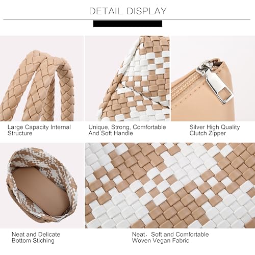 Queenoris Woven Bag for Women, Fashion Top Handle Shoulder Bag Vegan Leather Shopper Bag Large Travel Tote Bag (Apricot+White) - Image 5