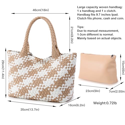 Queenoris Woven Bag for Women, Fashion Top Handle Shoulder Bag Vegan Leather Shopper Bag Large Travel Tote Bag (Apricot+White) - Image 3