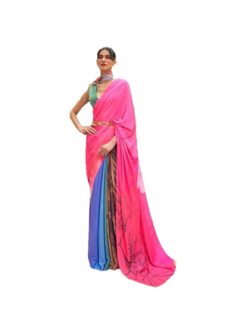 Grab Mantra Pink And Blue Trendy Stylish Japan Silk Saree With Beautiful Design Plus Contrast Unstitched Blouse  - Image 1