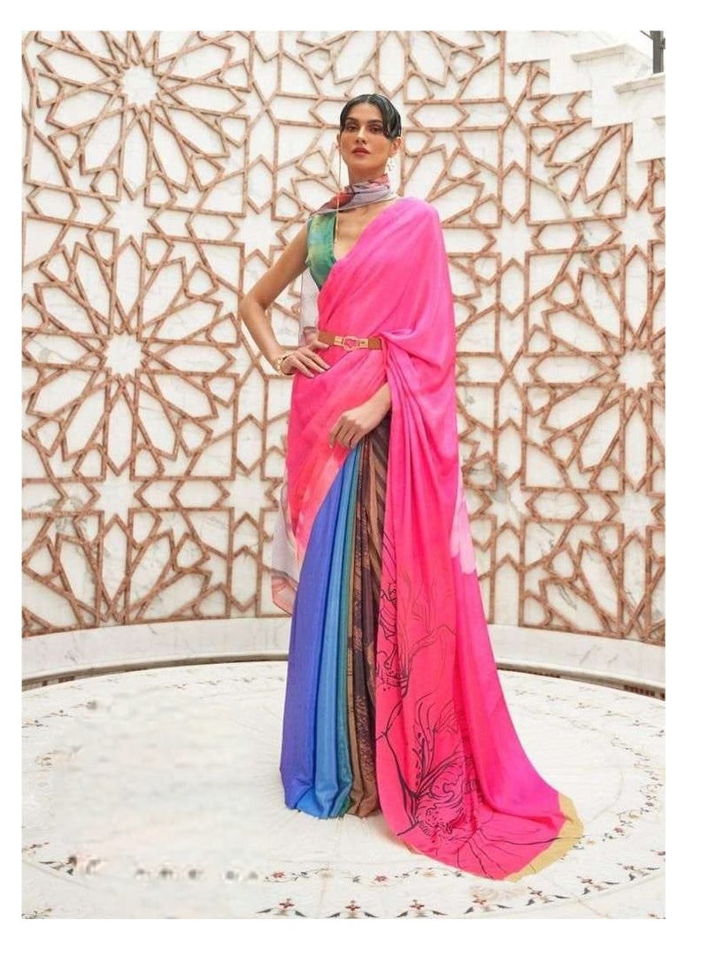Grab Mantra Pink And Blue Trendy Stylish Japan Silk Saree With Beautiful Design Plus Contrast Unstitched Blouse  - Image 2