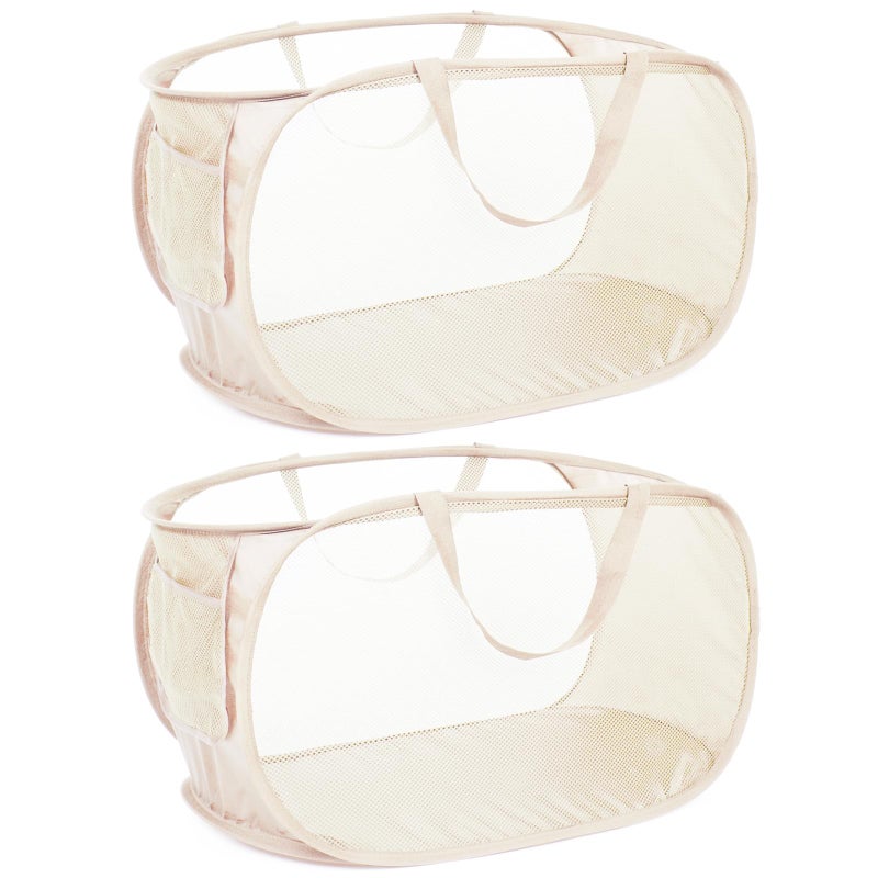 Bemkoo Durable Collapsible Laundry Baskets, Mesh Pop Up Laundry Hamper with Side Pocket, Foldable Clothes Hamper with Reinforced Carry Handles for Laundry, Bathroom, Kids Room, Dorm or Travel 2 Pack Beige - Image 1
