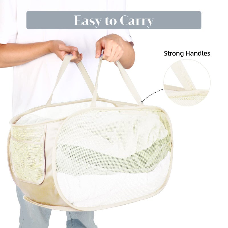 Bemkoo Durable Collapsible Laundry Baskets, Mesh Pop Up Laundry Hamper with Side Pocket, Foldable Clothes Hamper with Reinforced Carry Handles for Laundry, Bathroom, Kids Room, Dorm or Travel 2 Pack Beige - Image 5