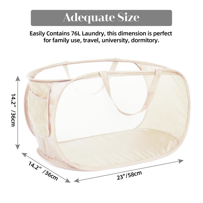 Bemkoo Durable Collapsible Laundry Baskets, Mesh Pop Up Laundry Hamper with Side Pocket, Foldable Clothes Hamper with Reinforced Carry Handles for Laundry, Bathroom, Kids Room, Dorm or Travel 2 Pack Beige - Image 3