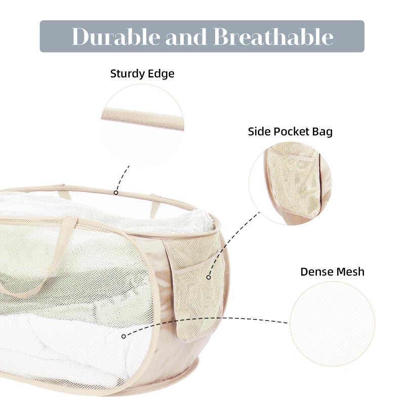 Bemkoo Durable Collapsible Laundry Baskets, Mesh Pop Up Laundry Hamper with Side Pocket, Foldable Clothes Hamper with Reinforced Carry Handles for Laundry, Bathroom, Kids Room, Dorm or Travel 2 Pack Beige - Image 4