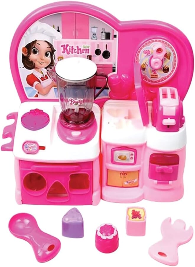 Generic HG107 Plastic Mini Kitchen With Cooking Tools Set Toy For Kids Set Of 13 Pieces - Multi Color