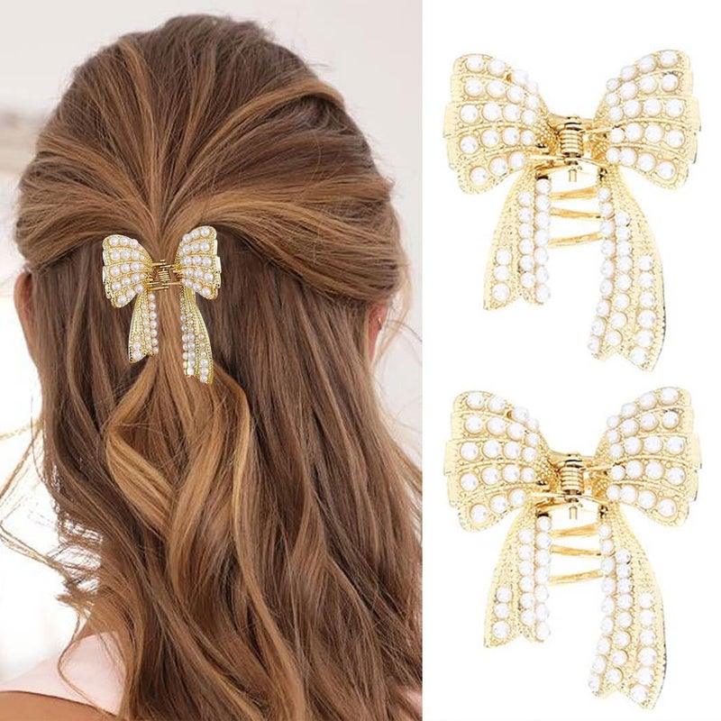 CAKURE Gold Bow Claw Clip Pearl Bow Hair Clip Cute Hair Catch Barrettes Styling Hair Accessories for Women and Girls Pack of 2
