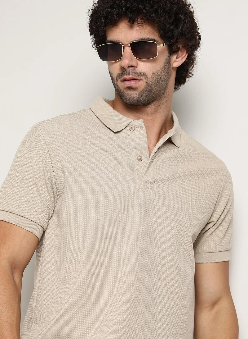 كامبوس سوترا Men's Saltbox Beige Chainlink-Ribbed Polo T-Shirt For Casual Wear | Polo Neck | Short Cuffed Sleeves | Half-Button Closure | T-Shirt Crafted With Comfort Fit For Everyday Wear