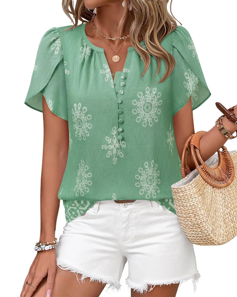 Timeson Boho Tops for Women: Summer Short Sleeve â€“ Beach Vacation Clothes for Women â€“ Peasant Blouses Button Down Western Shirts Paisley Business Casual Outfits Trendy 2025 Dressy Lightweight Green L - Image 5