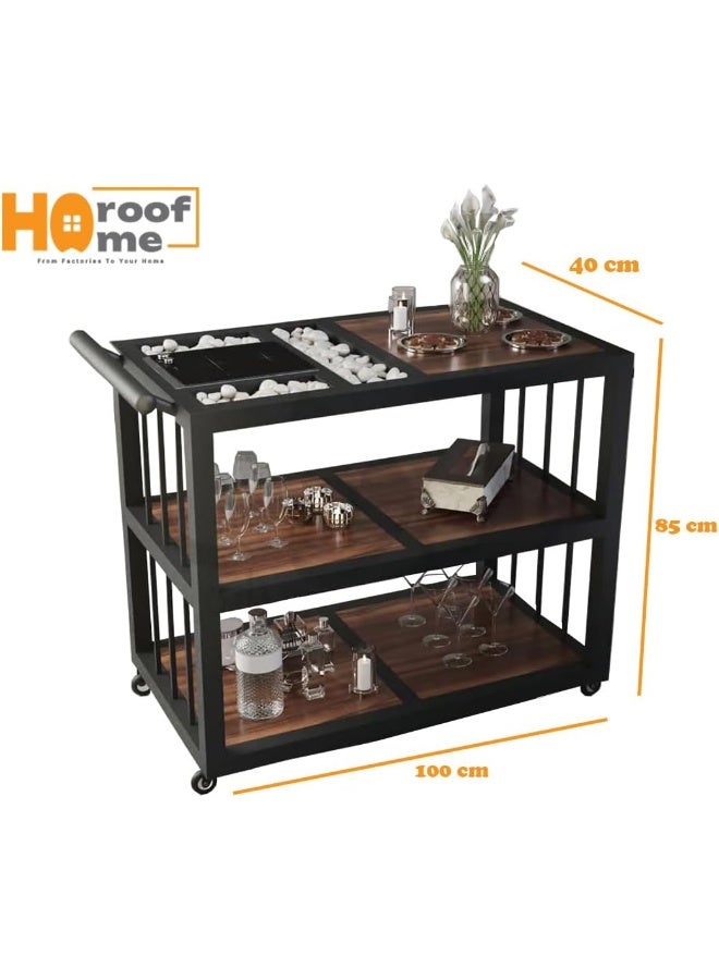 Horoof Market Horoof Home® Luxury 3-Tier Beverage Trolley with Built-In Stove – Stylish Display Cart for Drinks & Décor, 40x100x85 cm, 2 cm thickness  - Image 3