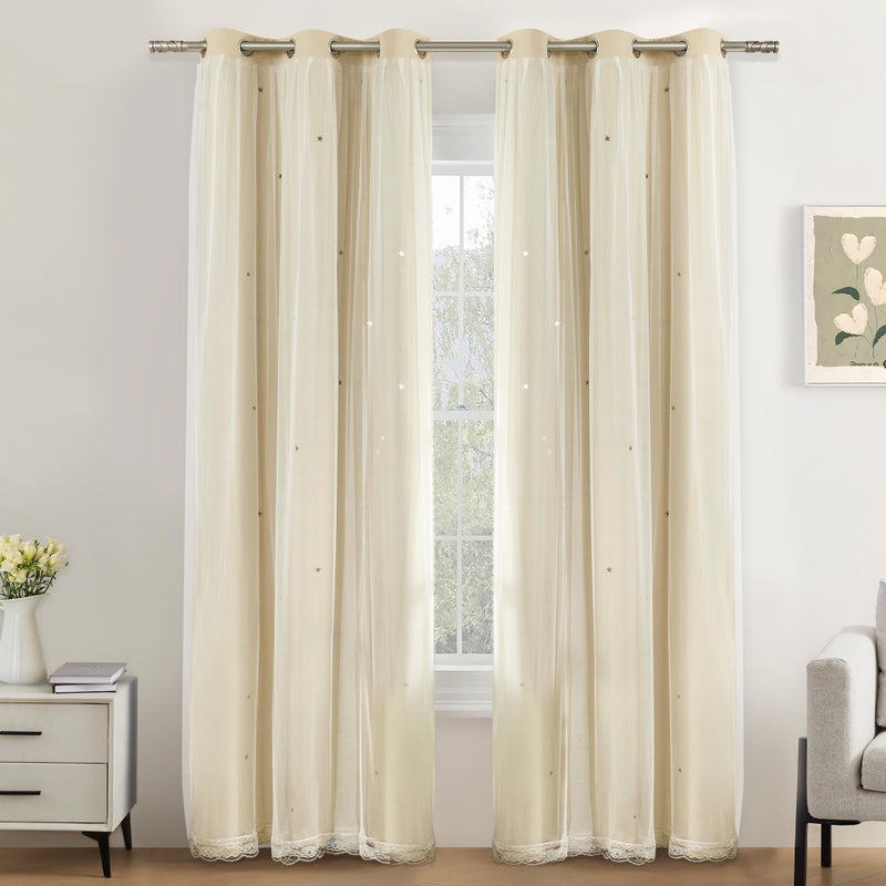 XiDi Beige Blackout Curtains with Sheer Overlay Star Cut Out Design Warm Color Double Layer Curtains Thermal Noise Reduction Grommet Darpes for Girls Kids Bedroom Living Room 34 x 84 Inches, Set of 2 - Image 1