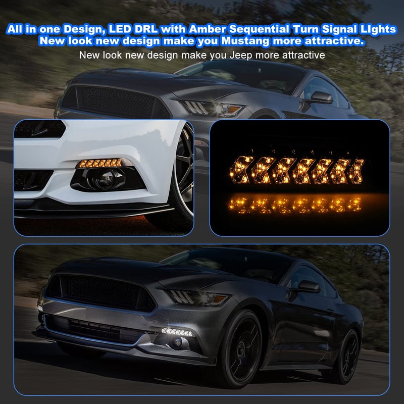 ROXX Full Led DRL Turn Signal Assembly for 2015 2016 2017 Ford Mustang, Led Mustang Fog Lights w/Daytime Running Lights and Amber Sequential Turn Signals Kits, Left + Right Sides - Image 2