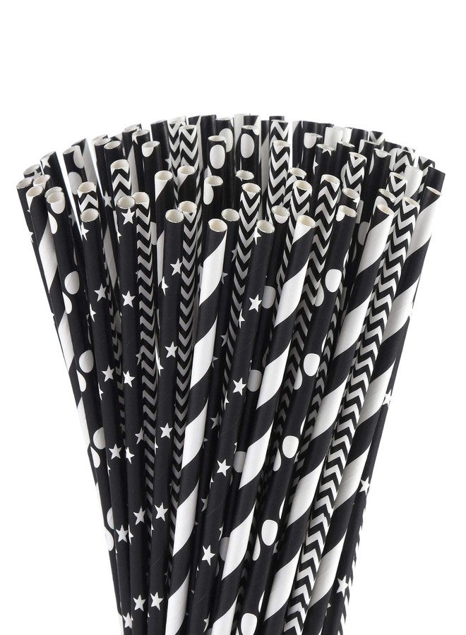 ALINK Biodegradable Black Paper Straws, 100 Stars/Dots/Stripes/Waves Drinking Straws for Halloween, Birthday, Wedding, Bridal/Baby Shower and Christmas Decorations - Image 1