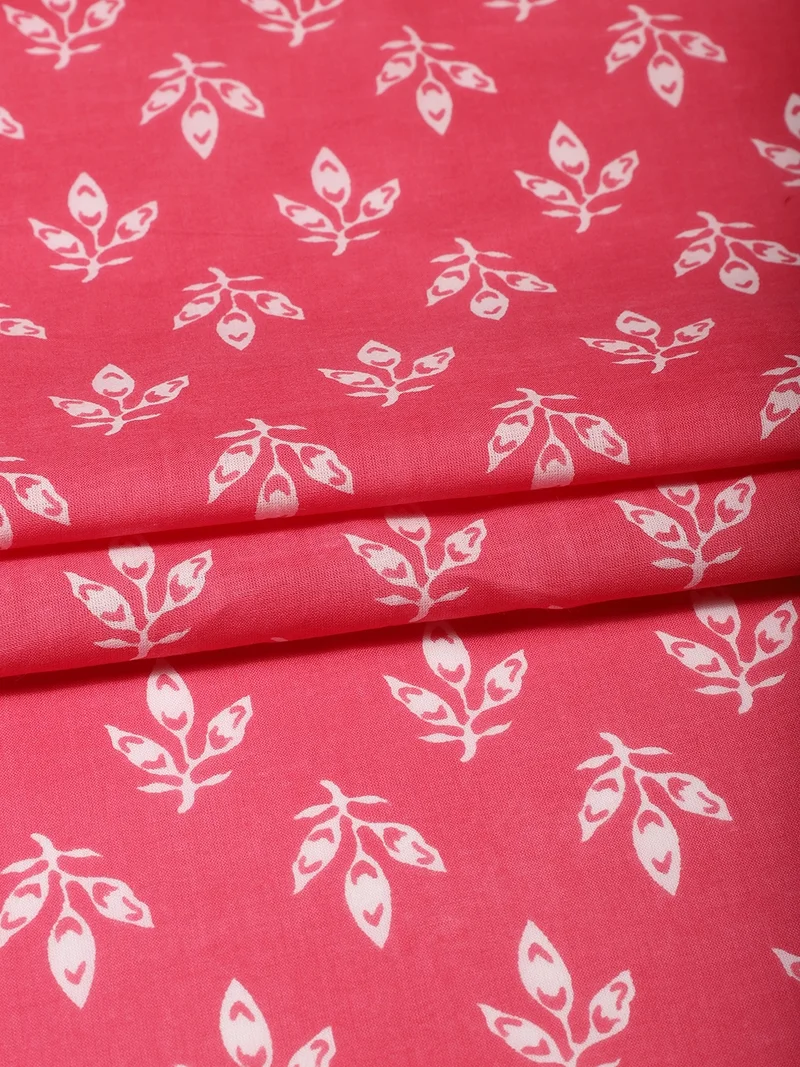 AKS Hot Pink Fabric with White Leaf Motif