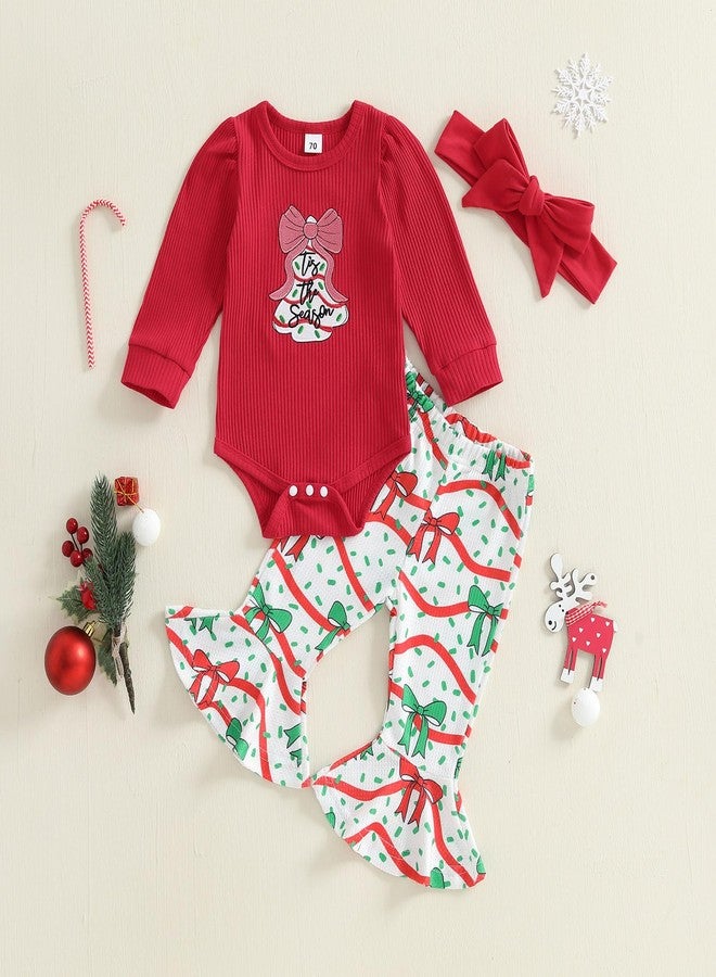 Lukivech My First Christmas Baby Girl Outfit Newborn Puff Long Sleeve Ribbed Knit Romper Flare Pants Headband 3Pcs Set (A-Red, 12-18 Months) - Image 5