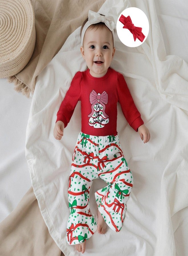Lukivech My First Christmas Baby Girl Outfit Newborn Puff Long Sleeve Ribbed Knit Romper Flare Pants Headband 3Pcs Set (A-Red, 12-18 Months) - Image 2