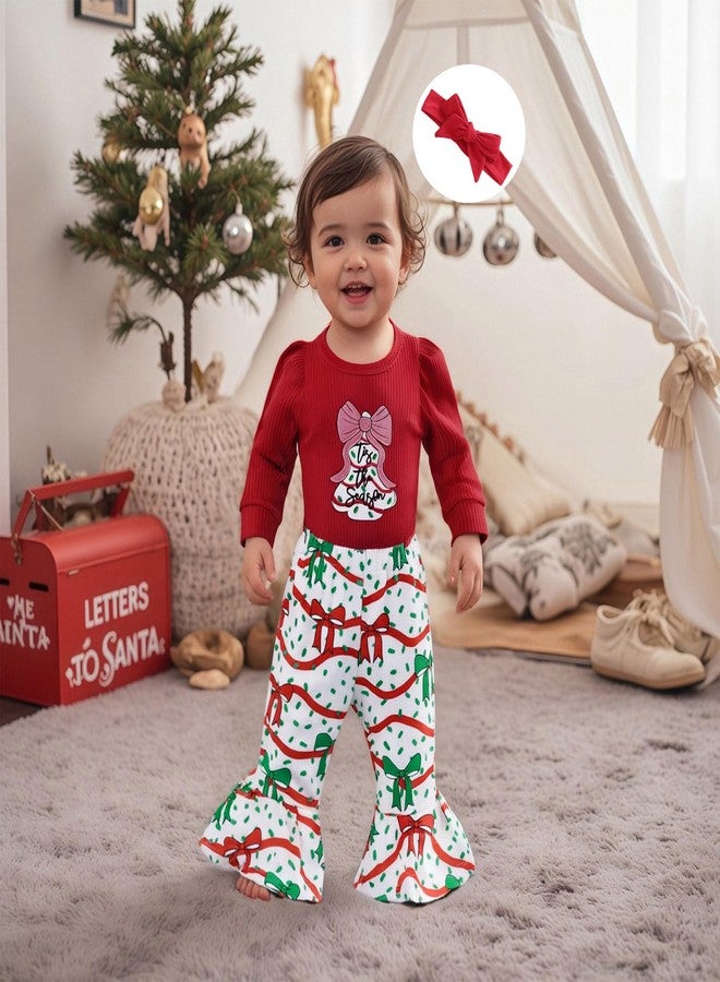 Lukivech My First Christmas Baby Girl Outfit Newborn Puff Long Sleeve Ribbed Knit Romper Flare Pants Headband 3Pcs Set (A-Red, 12-18 Months) - Image 3