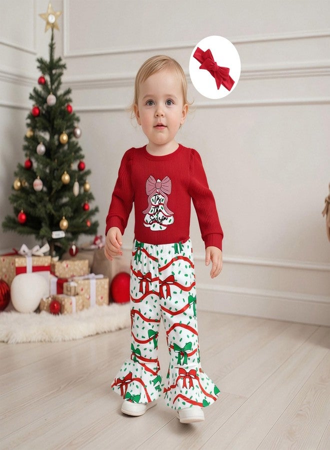 Lukivech My First Christmas Baby Girl Outfit Newborn Puff Long Sleeve Ribbed Knit Romper Flare Pants Headband 3Pcs Set (A-Red, 12-18 Months) - Image 4