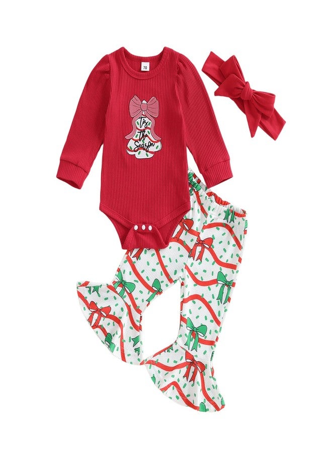 Lukivech My First Christmas Baby Girl Outfit Newborn Puff Long Sleeve Ribbed Knit Romper Flare Pants Headband 3Pcs Set (A-Red, 12-18 Months) - Image 1