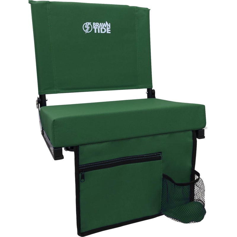 BRAWNTIDE Wide Stadium Seat Chair - Extra Thick Cushion, Portable, Light, Ideal for Back Support, Sporting Events, Includes 2 Bleacher Hooks, Shoulder Strap, 3 Storage Pockets (Green, 1 Pack)