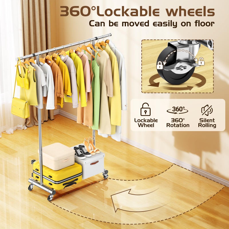 ANTIWAR Clothes Rack for Hanging Clothes, Sturdy Stainless Steel Clothing Rack, Portable Garment Rack with Extendable Hanging Rod, Adjustable Rolling Coat Rack with Anti-Slip Wheels for Home Conmercial Store - Image 4