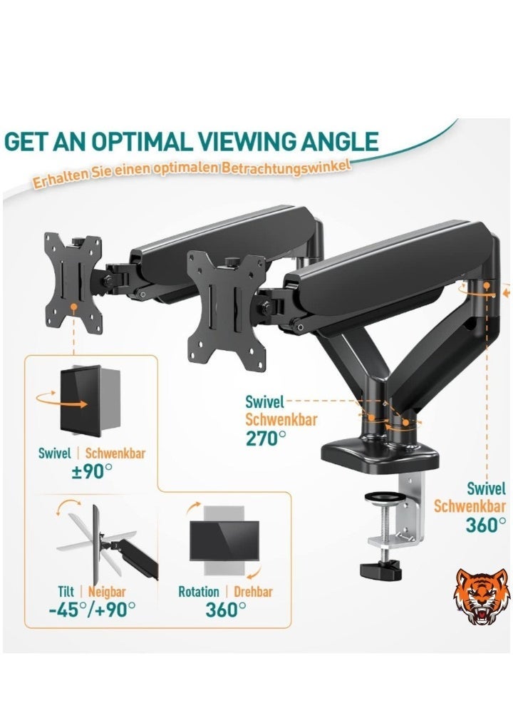 TIGER Dual Monitor Arm Adjustable Gas Powered – Ergonomic PC Monitor Stand for 13-32 Inch Monitors, VESA 75x75/100x100, with C-Clamp and Grommet Base, Gas Spring Monitor Arm  - Image 2