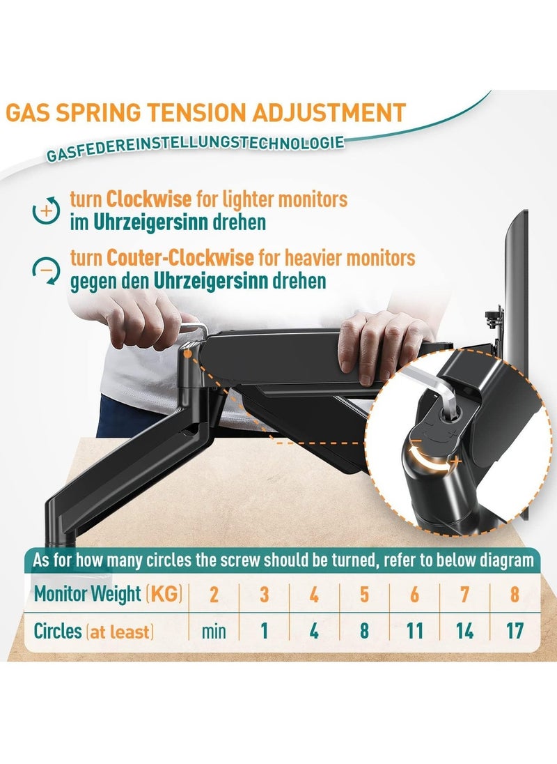 TIGER Dual Monitor Arm Adjustable Gas Powered – Ergonomic PC Monitor Stand for 13-32 Inch Monitors, VESA 75x75/100x100, with C-Clamp and Grommet Base, Gas Spring Monitor Arm  - Image 5