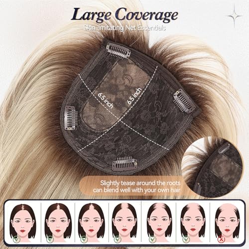 starluck Hair Topper for Women Real Human Hair 65x65 Base ombre Blonde with Brown HighlightT46136 Short Bob with Bangs Side Part SilkHug HairTopper for Women with ThinngHair Cover Gray Roots - Image 3