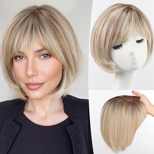 starluck Hair Topper for Women Real Human Hair 65x65 Base ombre Blonde with Brown HighlightT46136 Short Bob with Bangs Side Part SilkHug HairTopper for Women with ThinngHair Cover Gray Roots - Image 1