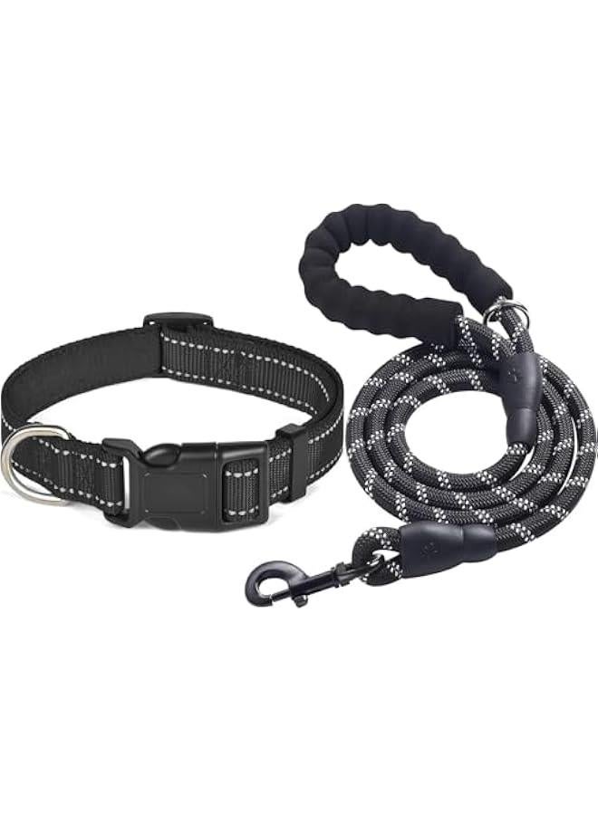 هوكور HOOKOR Reflective Dog Collar with Safety Locking Buckle, Adjustable Soft Breathable Nylon Collars for Small, Medium and Large Dogs (Black and Blue) (S,L,Black Collar+Leash) ﻿ (Black, S) - Image 1