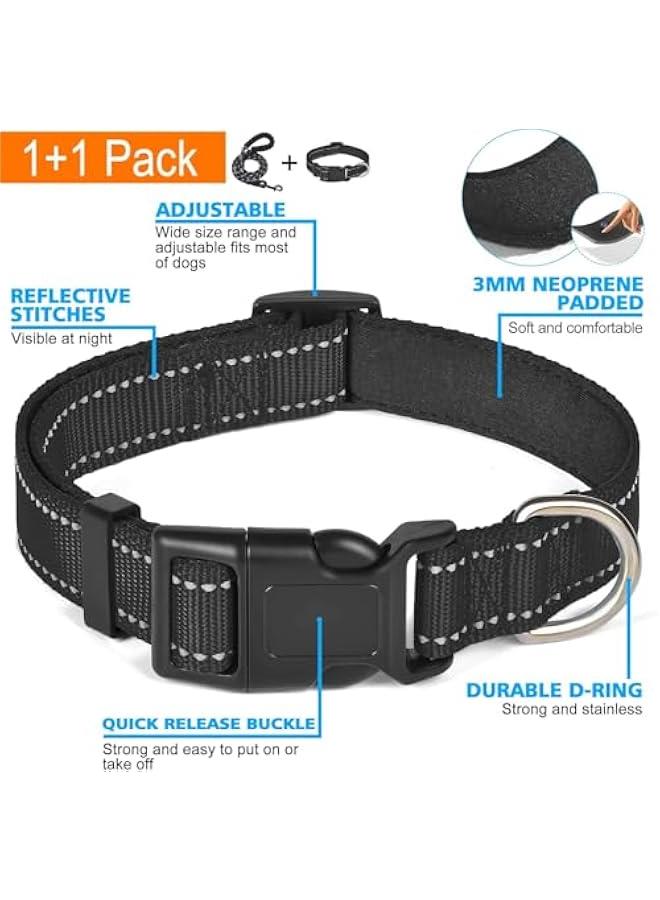 هوكور HOOKOR Reflective Dog Collar with Safety Locking Buckle, Adjustable Soft Breathable Nylon Collars for Small, Medium and Large Dogs (Black and Blue) (S,L,Black Collar+Leash) ﻿ (Black, S) - Image 5