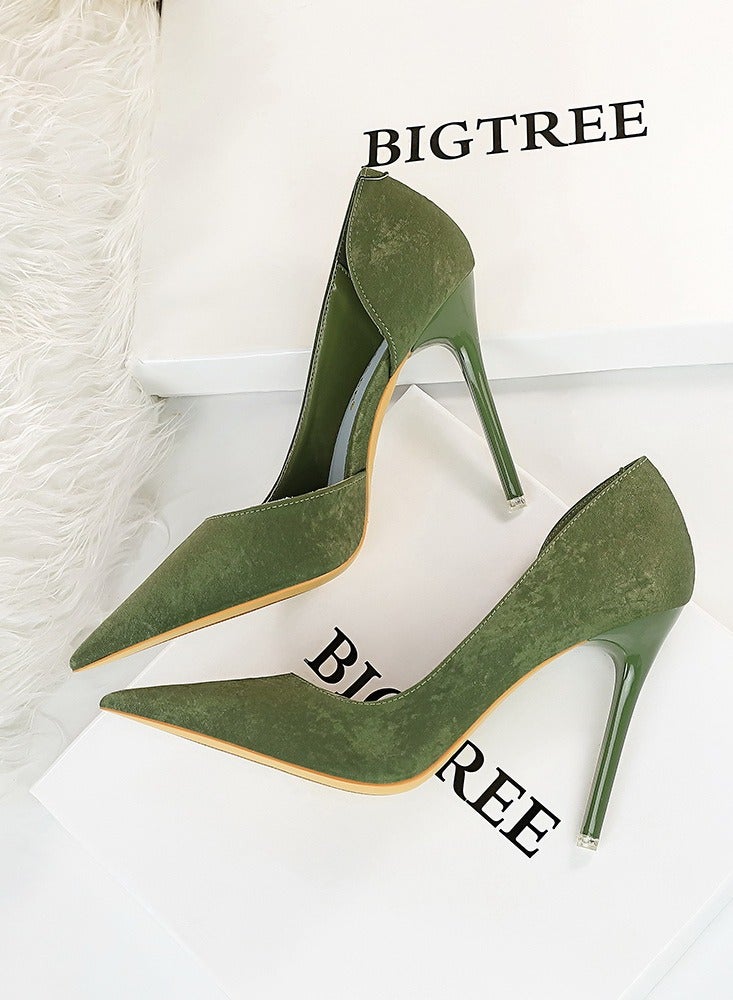 بيج تري Women's Fashionable And Elegant Side Hollow Stiletto Pumps 10.5 cm Elegant Gorgeous Closed Pointed Toe Slip On Solid High Heels Green - Image 3
