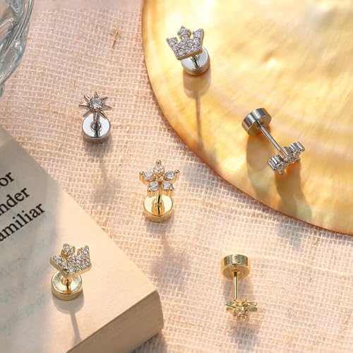 KRFY Gold Flat Back Stud Earrings for Women - Small Hypoallergenic 925 Sterling Silver Post Cartilage Earring 14K Gold Plated Dainty Tiny Cubic Zirconia Studs Earrings Helix Piercing Jewelry Stud Earrings for Women - Image 4