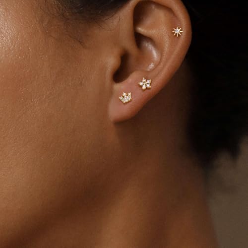 KRFY Gold Flat Back Stud Earrings for Women - Small Hypoallergenic 925 Sterling Silver Post Cartilage Earring 14K Gold Plated Dainty Tiny Cubic Zirconia Studs Earrings Helix Piercing Jewelry Stud Earrings for Women - Image 3