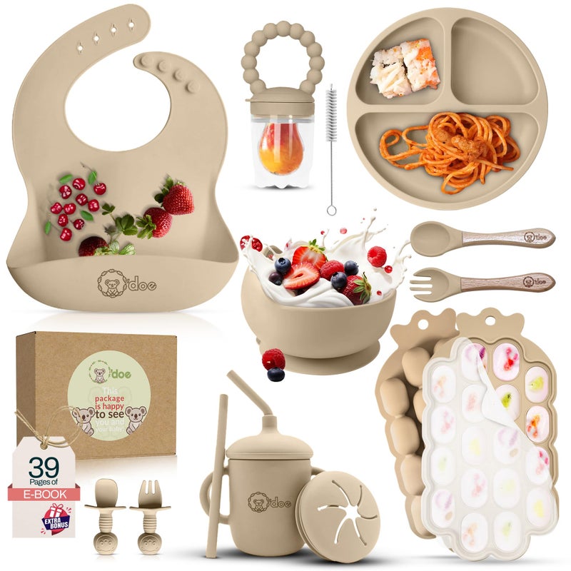 O'doe Baby Weaning Set â€“ 15 Pcs Silicone Baby Feeding Set with Suction Plate, Bowl, Bib, Sippy Cup, Fruit Feeder & Freezer Tray â€“ Baby Plates and Bowls Set for 3M+ | BPA-Free Baby Dishes & Utensils - Image 1