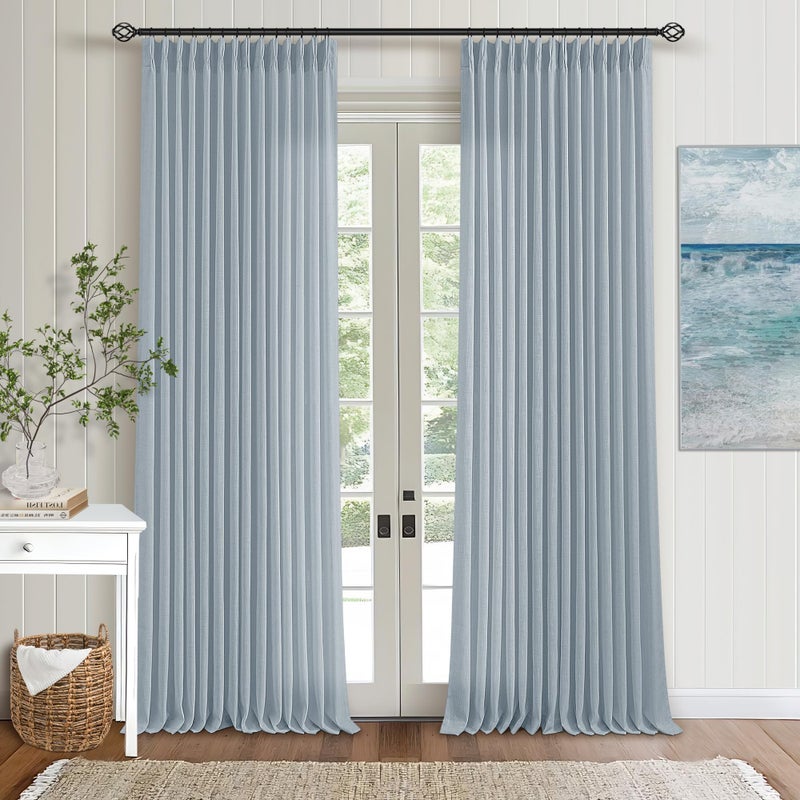 TWODRAPES Light Blue Linen Curtains 102 Inches Long for Living Room Pinch Pleated Drape with Hooks Rings for Track System Light Filtering 102 Inch Curtain for Bedroom Sliding Patio Door 2 Panels Dusty Blue - Image 1