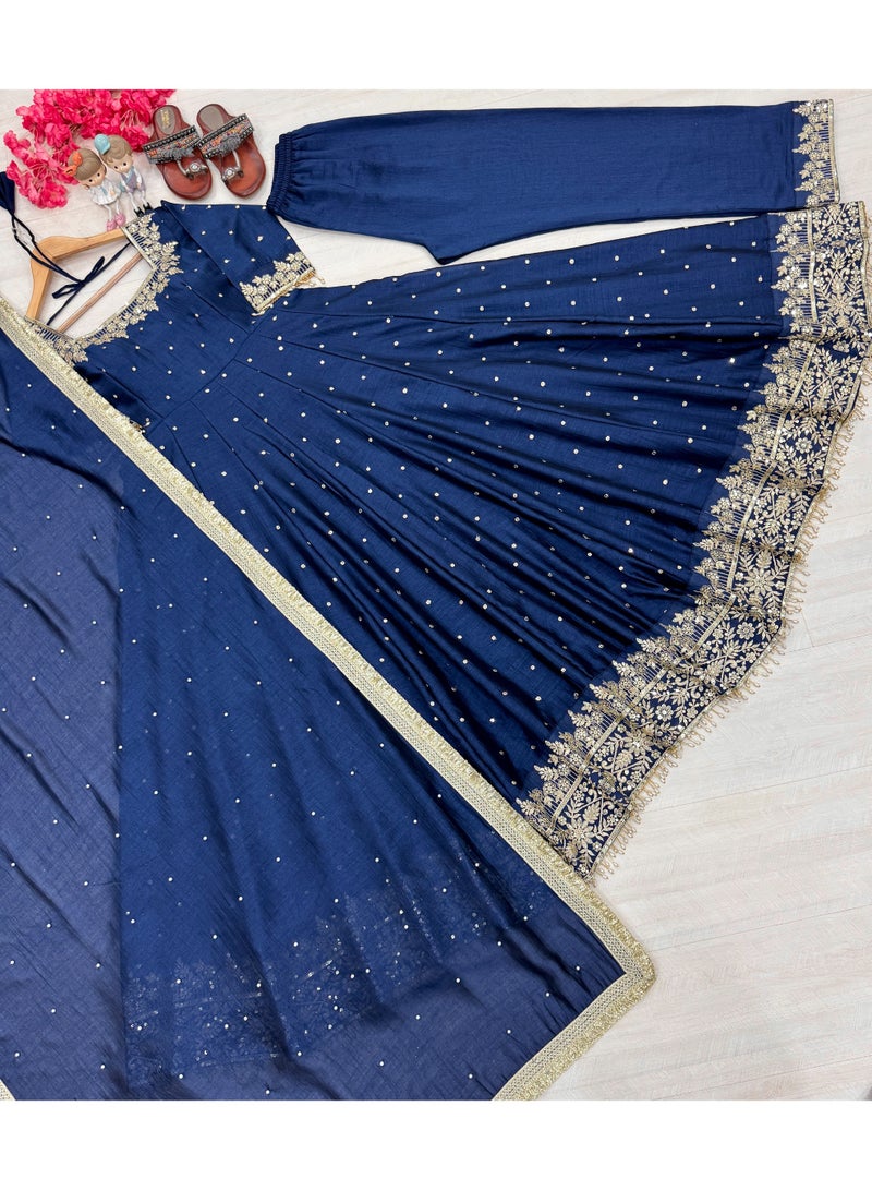 Super Asian Designer Anarkali Gown Set with Palazzo & Dupatta – Premium Embroidery & Fancy Lace Work - Image 3