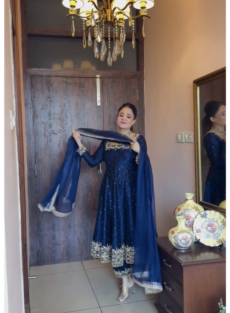 Super Asian Designer Anarkali Gown Set with Palazzo & Dupatta – Premium Embroidery & Fancy Lace Work - Image 1