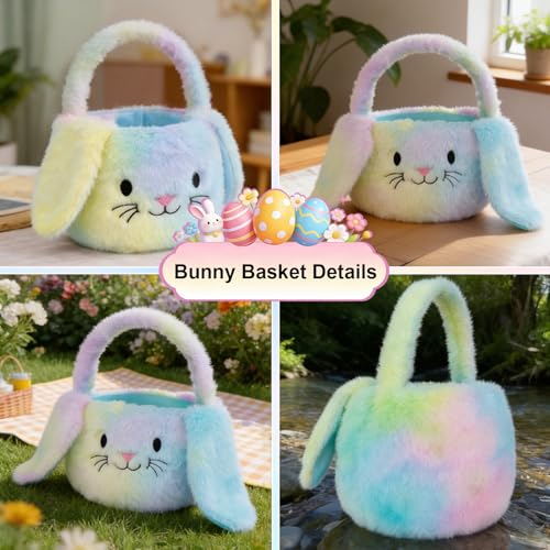 PRATIQUE Foldable Plush Easter Basket with Bunny Ears for Kids, Easter Egg Hunt Bucket with Handle, Cute Storage Bin for Candy, Toys & Gifts (Rainbow) - Image 3