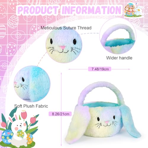 PRATIQUE Foldable Plush Easter Basket with Bunny Ears for Kids, Easter Egg Hunt Bucket with Handle, Cute Storage Bin for Candy, Toys & Gifts (Rainbow) - Image 2