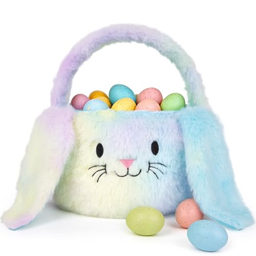 PRATIQUE Foldable Plush Easter Basket with Bunny Ears for Kids, Easter Egg Hunt Bucket with Handle, Cute Storage Bin for Candy, Toys & Gifts (Rainbow) - Image 1