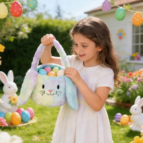 PRATIQUE Foldable Plush Easter Basket with Bunny Ears for Kids, Easter Egg Hunt Bucket with Handle, Cute Storage Bin for Candy, Toys & Gifts (Rainbow) - Image 4