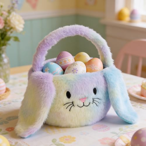 PRATIQUE Foldable Plush Easter Basket with Bunny Ears for Kids, Easter Egg Hunt Bucket with Handle, Cute Storage Bin for Candy, Toys & Gifts (Rainbow) - Image 5