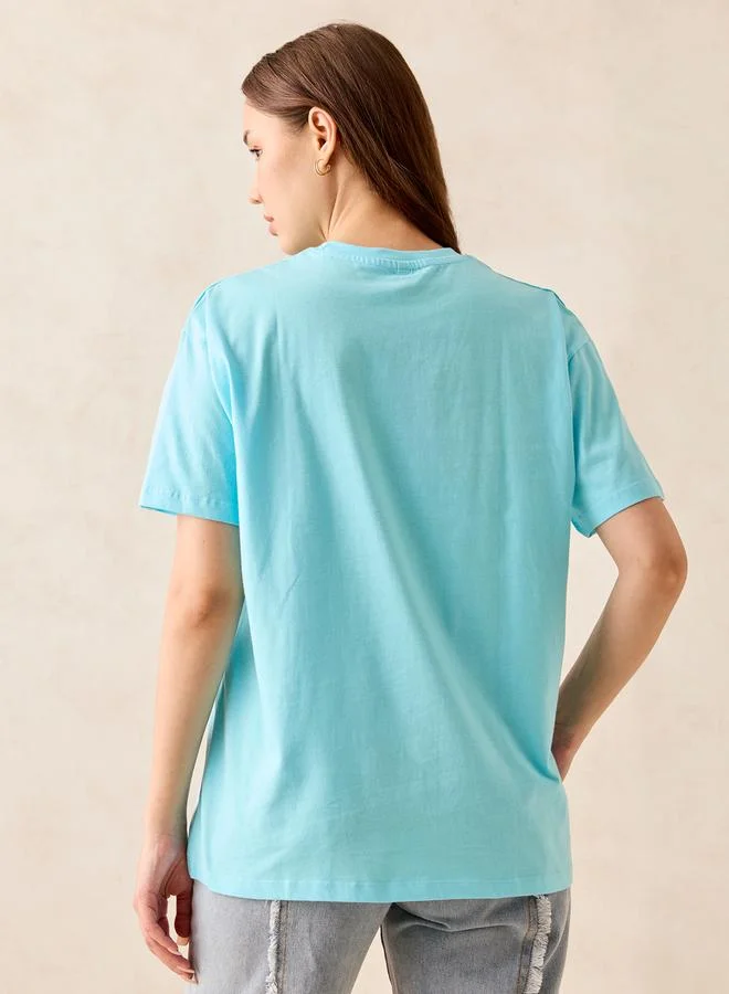 Outzidr  Blue Crew Neck Graphic T-Shirt for Women | Best Price UAE