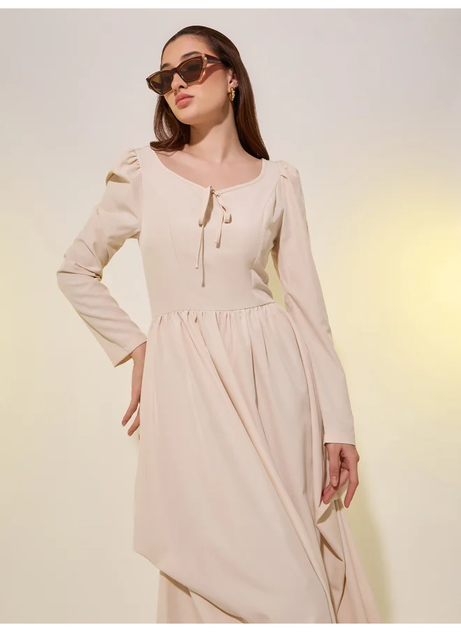 Take Two Take Two Solid Puff Sleeves Asymmetric Hem A-Line Maxi Dress