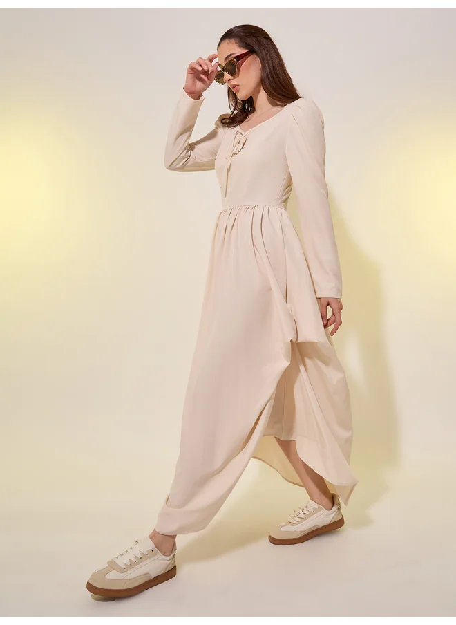 Take Two Take Two Solid Puff Sleeves Asymmetric Hem A-Line Maxi Dress
