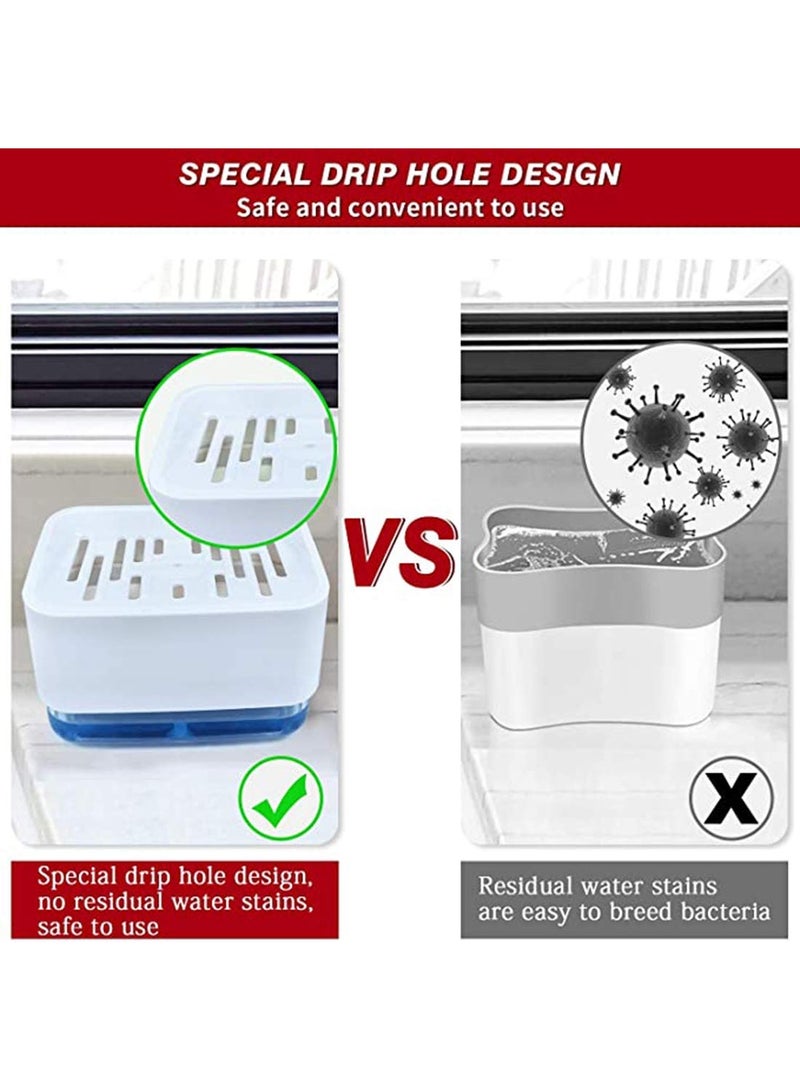 jaexest 2 in 1 Kitchen Sink Soap Dispenser with Sponge Holder, One Press Dish Soap Pump Dispenser, Hollow Drain Sponge Storage Rack with Removable Transparent Water Tray, Large Capacity Kitchen Detergent Organizer with Free Cleaning Sponge, White - Image 5