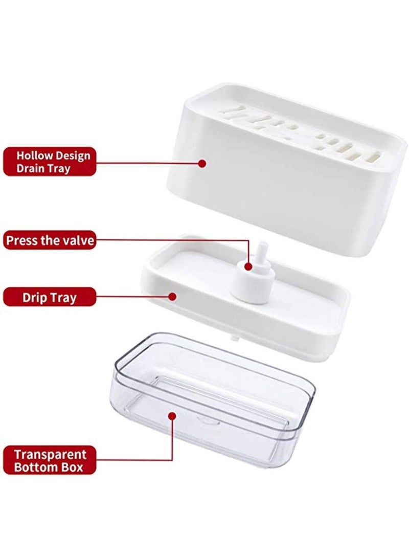 jaexest 2 in 1 Kitchen Sink Soap Dispenser with Sponge Holder, One Press Dish Soap Pump Dispenser, Hollow Drain Sponge Storage Rack with Removable Transparent Water Tray, Large Capacity Kitchen Detergent Organizer with Free Cleaning Sponge, White - Image 2