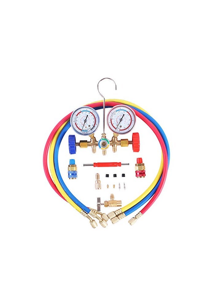 JIFETOR 3 Way AC Manifold Gauge Set HVAC Diagnostic Charging Tool for Auto Household R404A R134A Refrigerant with R134A Quick Couplers 3FT Charging Hose Can Tap Adapter Valve Core Tool - Image 1